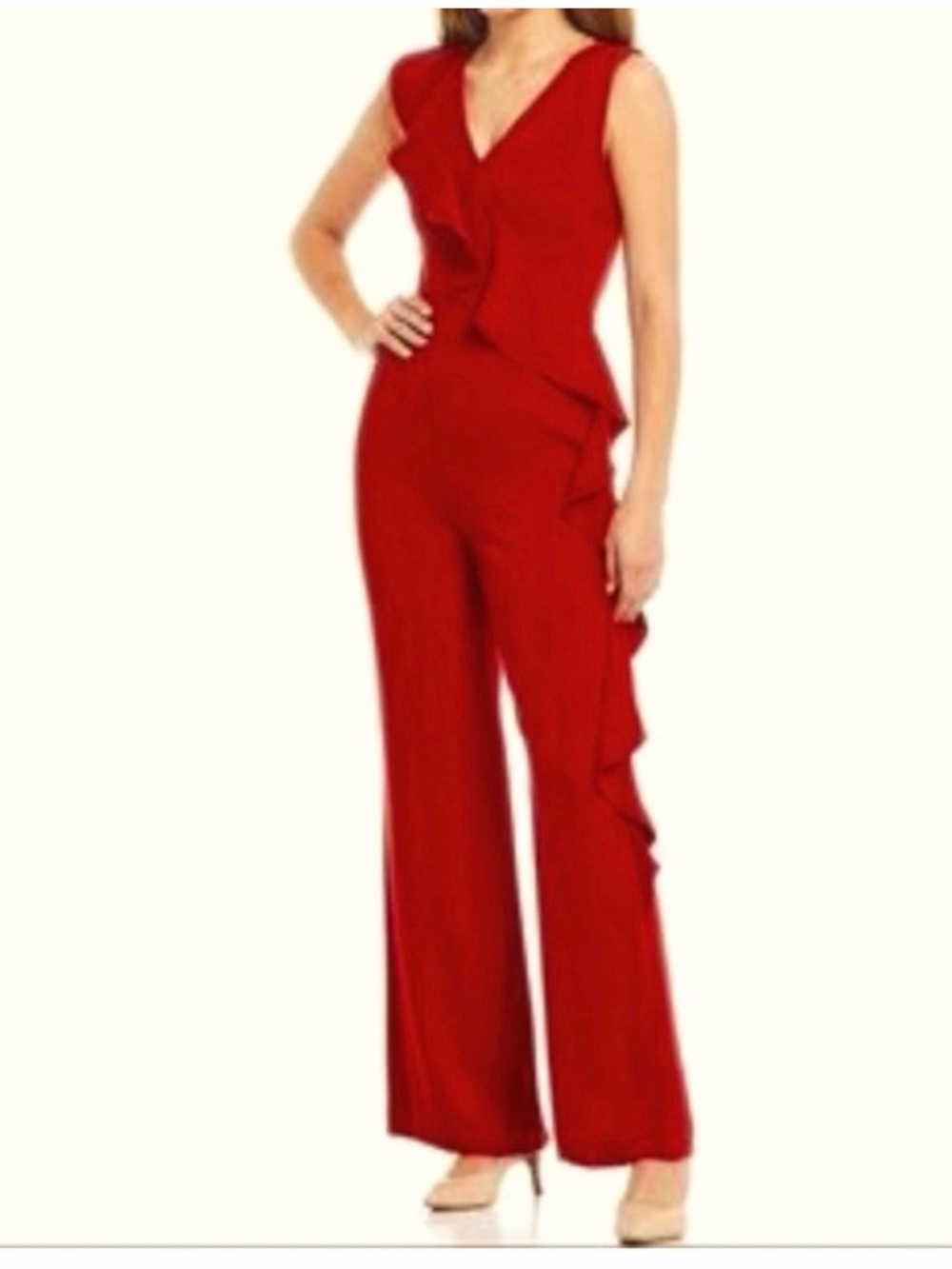 ANTONIO MELANI Red Sleeveless V-Neck Ruffle Jumpsuit